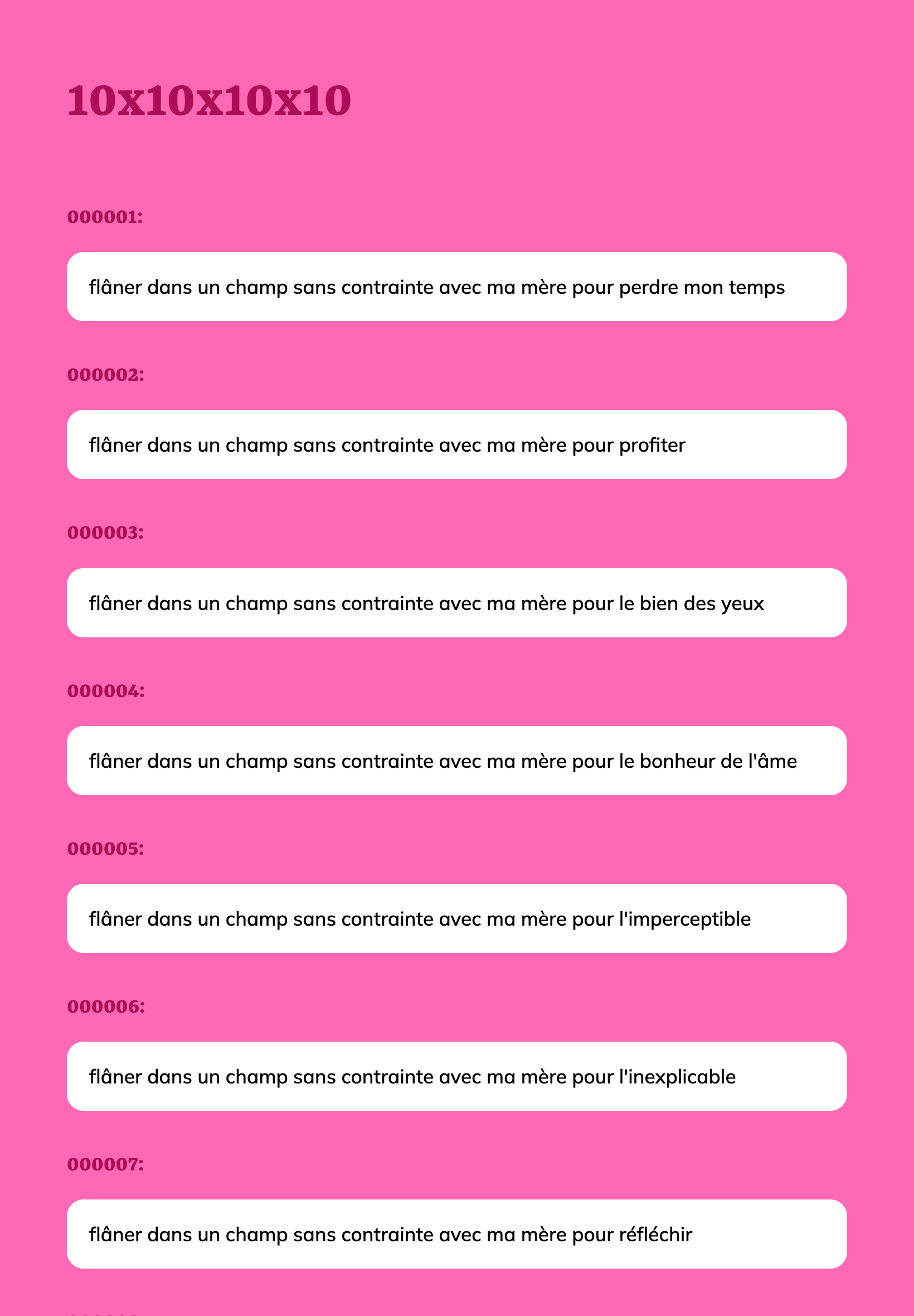 Page dans les tons rose avec un titre '10x10x10x10' suivi de blocks dans lesquelles sont situé 1 suivi de chiffres et un rectangle avec une phrase.